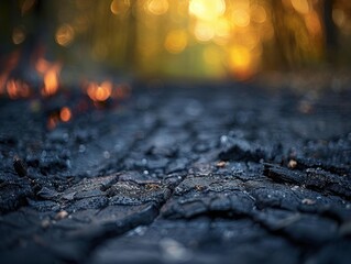 Poster - Burnt ground with a blurred background of trees. AI.