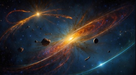Wall Mural - a bright star shines in the vastness of space, surrounded by swirling dust and celestial bodies. ai.