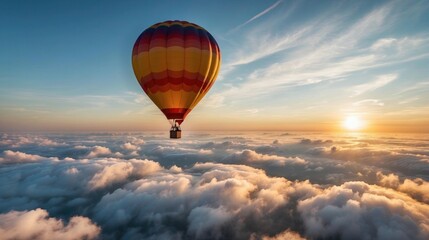 Wall Mural - A hot air balloon floats above the clouds at sunset. AI.