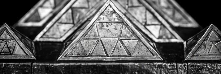 Poster - A close-up of a metallic surface with a repeating triangle pattern. AI.