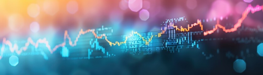 Vibrant abstract background with colorful lines and bokeh effects representing financial growth and data visualization.