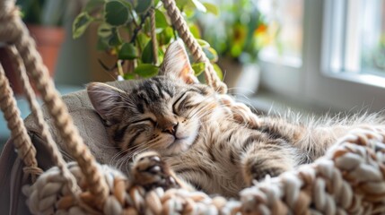 Canvas Print - A tabby cat sleeps soundly in a hammock. AI.