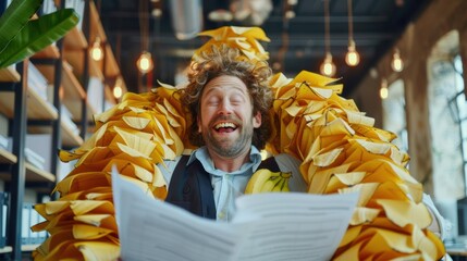 Poster - A man surrounded by papers laughs while reading a document. AI.