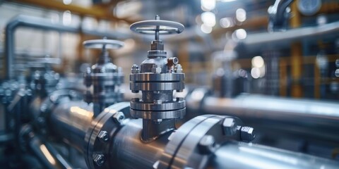 Poster - Metal pipes and valves in a factory. AI.