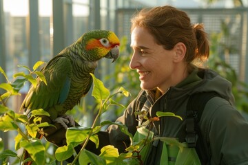 Wall Mural - A woman smiles at a parrot perched on her arm. AI.