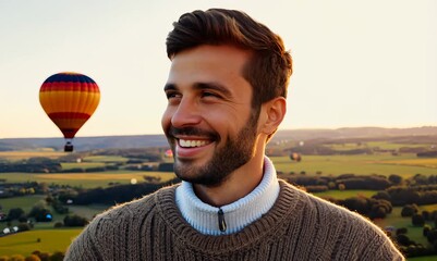 Wall Mural - Medium shot portrait video of a pleased man in his 30s wearing a cozy sweater against a hot air balloon or skydiving background