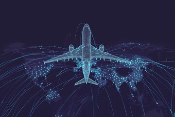 digital airplane flying above a global network of connections