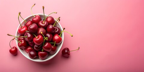 Wall Mural - Flat lay of a sweet cherries in bowl isolated on pink background Generative AI