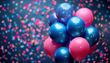 Canvas Print - Pink and blue balloons and confetti background 