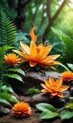 Poster - Orange Flowers In A Lush Forest.