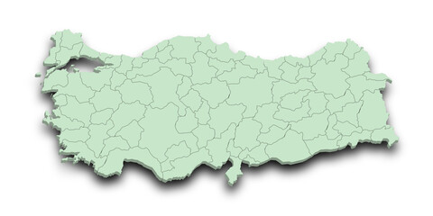 3d Map of Turkey with state and color.  Türkiye country map