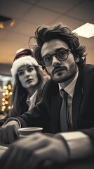 Wall Mural - Office workers - Christmas party - Santa hats - vintage-style office - retro effect - suits - low angle shot - serious expression 