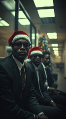 Wall Mural - Office workers - Christmas party - Santa hats - vintage-style office - retro effect - suits - low angle shot - serious expression 