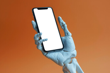 Skeleton hand holding smartphone with blank screen copy space for Halloween advertisement