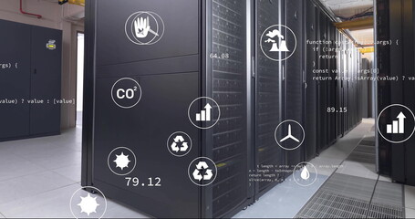 Poster - Image of eco icons, digital data processing over computer servers