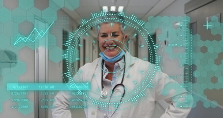 Poster - Image of scope scanning and data processing over caucasian female doctor in hospital