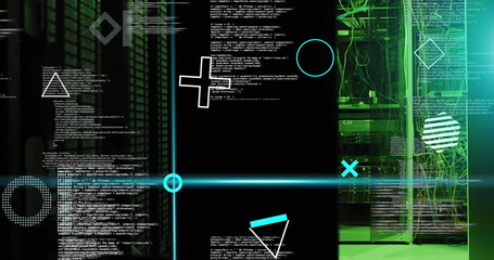 Sticker - Digital data processing and analysis image over green and black technological background