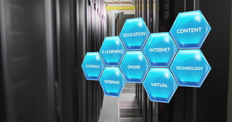 Poster - Hexagonal blue icons with educational terms image over server room background
