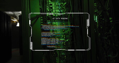 Poster - Data processing image over server room with green lighting