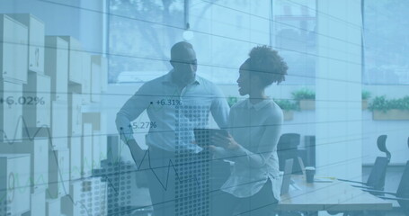 Poster - Financial data charts image over business people discussing in modern office