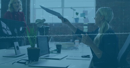 Poster - Working at desk, woman typing on laptop with data processing image over office scene