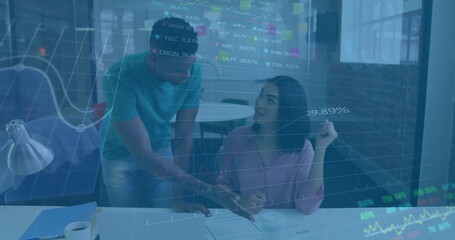 Poster - Financial data charts image over diverse colleagues discussing work in office