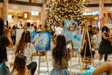 people in the mall painting together with christmas tree in background during art workshop