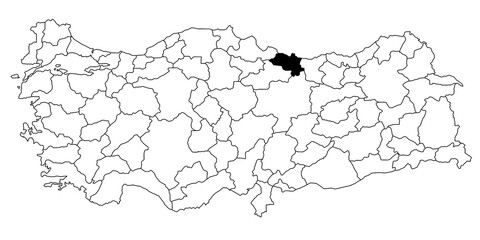 Map of ordu ils province in Turkey country on white background. Single State map highlighted by black colour on Turkey map. Türkiye, TR, Republic of Türkiye