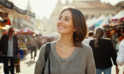 Poster - Group portrait video of a pleased woman in her 30s wearing a chic cardigan against a bustling market or street scene background