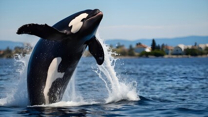 Poster - two dolphins jumping in water