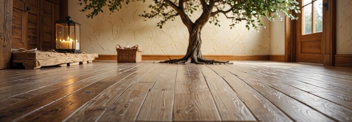 Wall Mural - Rustic Wooden Floor with Tree in Background.