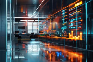 Wall Mural - holographic financial dashboard floating in a futuristic office vibrant 3d graphs and charts glowing neon data streams sleek glass surfaces reflecting ambient light