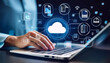 © Oka - A Person Using a Laptop with Cloud Storage Icons and Multiple File Wraps, Demonstrating Data Accessibility for Businesses, Generative AI
