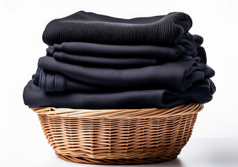 Wicker basket with a stack of dark, black clothes on a white background. Clean, folded, stacked black dark clothes in a wicker basket isolated.