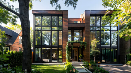 Wall Mural - Contemporary townhouse with minimalist design, large windows, and a tree-lined street