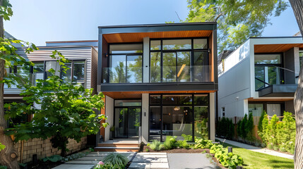 Contemporary townhouse with minimalist design, large windows, and a tree-lined street