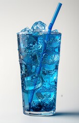 A clear plastic cup filled with blue soda and ice cubes on a white background, with a blue straw and scattered blue ice cubes.