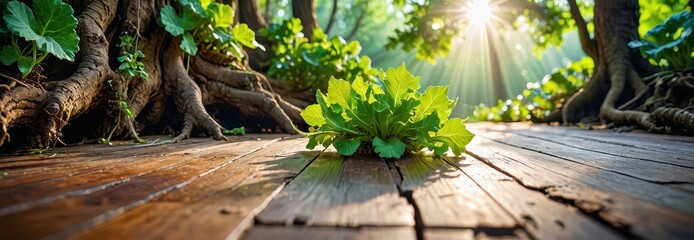 Poster - Green Plant Growing Through Wood Planks in Sunlight.