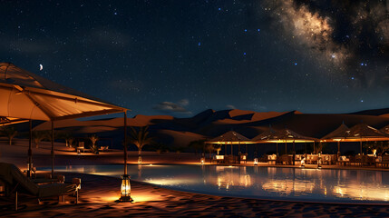 Wall Mural - Desert oasis with a luxurious tented camp, oasis pool, and golden sand dunes stretching to the horizon under a starry night sky