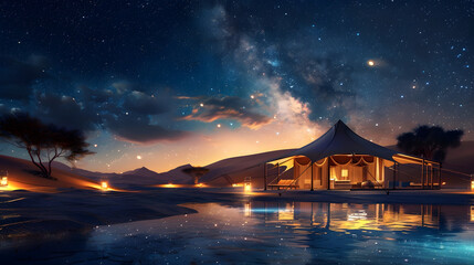 Wall Mural - Desert oasis with a luxurious tented camp, oasis pool, and golden sand dunes stretching to the horizon under a starry night sky