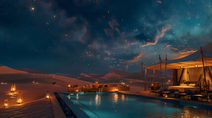 Wall Mural - Desert oasis with a luxurious tented camp, oasis pool, and golden sand dunes stretching to the horizon under a starry night sky
