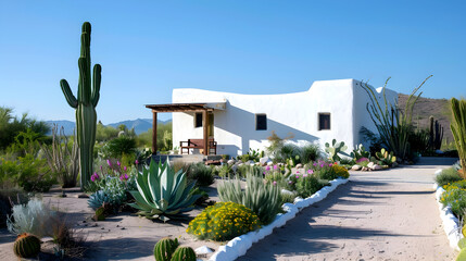 Wall Mural - Desert retreat with a white adobe house, surrounded by colorful succulents and a tranquil patio oasis under a clear blue sky