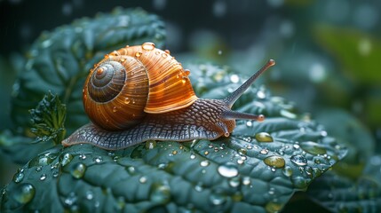 Small snail crawls on a rain wet leaf, leaving a shiny trail. The green leaf contrasts with water droplets. Close up shows shell details and spiral pattern. Tranquil scene captures nature's beauty