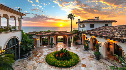 Wall Mural - Elegant Mediterranean villa with terracotta roof, arched doorways, lush courtyard garden, and ocean views under a golden sunset