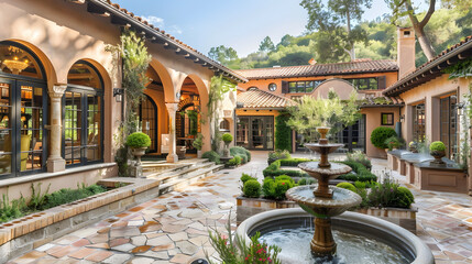 Wall Mural - Elegant Mediterranean villa with terracotta tiles, arched windows, and a courtyard fountain, overlooking a serene olive grove