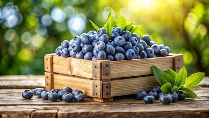 Wall Mural - Rustic wooden crate overflowing with fresh plump blueberries, scattered on weathered wooden table against blurred natural outdoor background atmosphere.