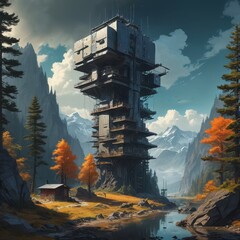 Sticker - Futuristic Tower in a Mountain Valley.