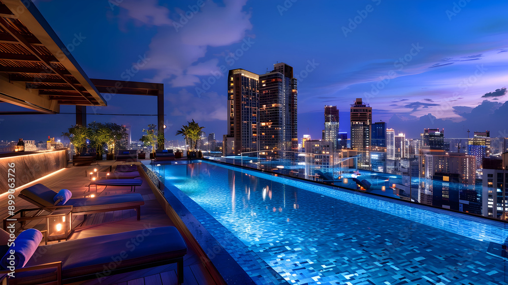 Expansive rooftop infinity pool with a bar area, modern lounge chairs ...