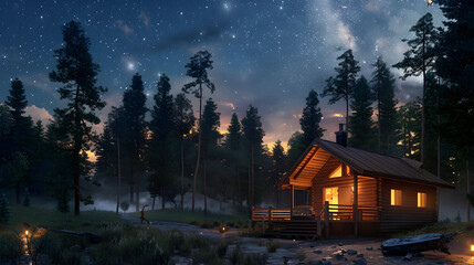 Wall Mural - Fairy-lit wooden cabin with a wraparound deck, nestled in a dense pine forest, twilight sky glowing with stars