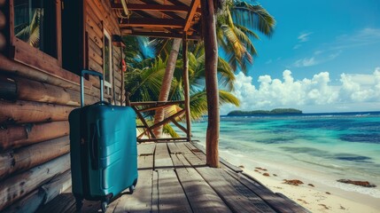 Blue travel suitcase on bungalow patio by the ocean beach with palm trees. Summer vacation trip and tour concept